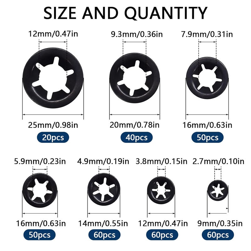 Renashed 340Pcs Internal Tooth Star Lock Washers, M3-M12 Quick Speed Locking Washers Assortment Kit 65Mn Steel Black Oxide Finish Push on Locking Washer, 7 Size - Image 2